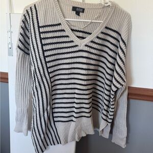 a.n.a Women's V-Neck Sweater - Black and Cream Stripes